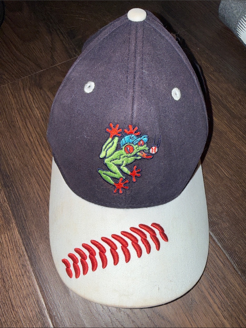 Kids Frog Baseball Cap in Black and Cream with Red Embroidery